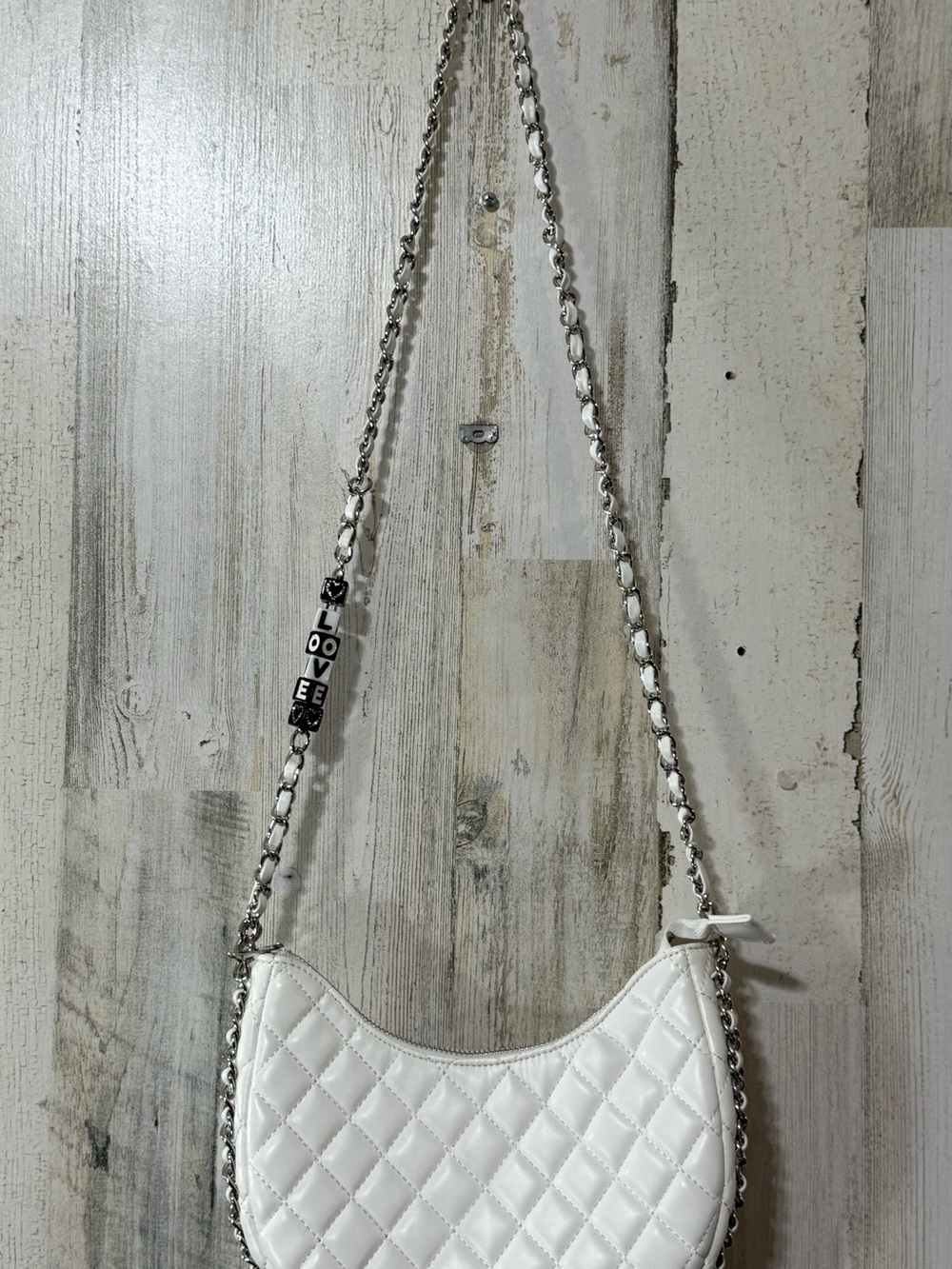White Quilted Crossbody Bag with Chain Strap and Beaded 'LOVE' Accent